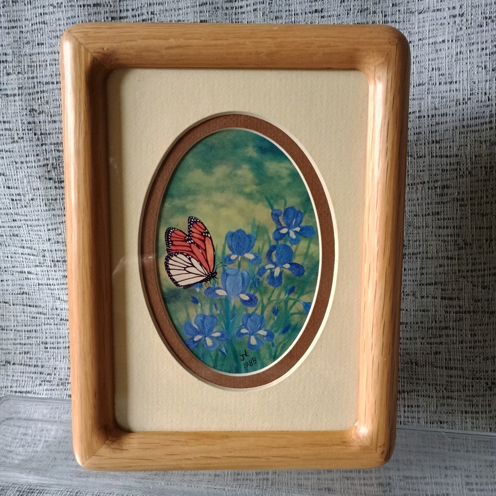 Vintage Butterfly Iris Mouth painted Lithograph J. La Dow 1988 Framed Card Art
